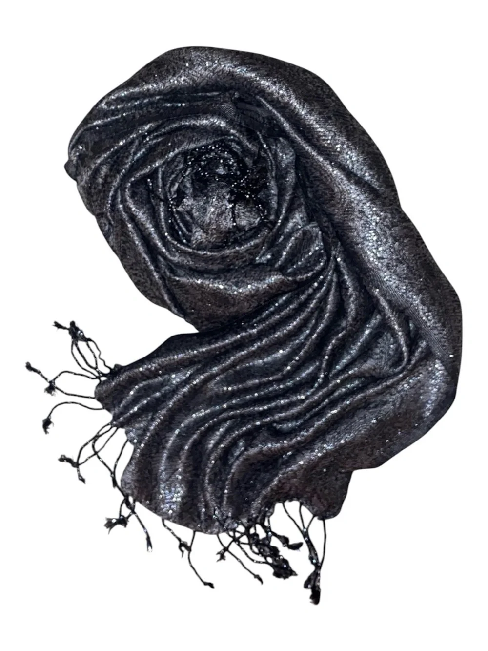 FASHION SCARF Pashmina Silk Like Jacquard Paisley Metallic Silver/Blk 70”x 21”